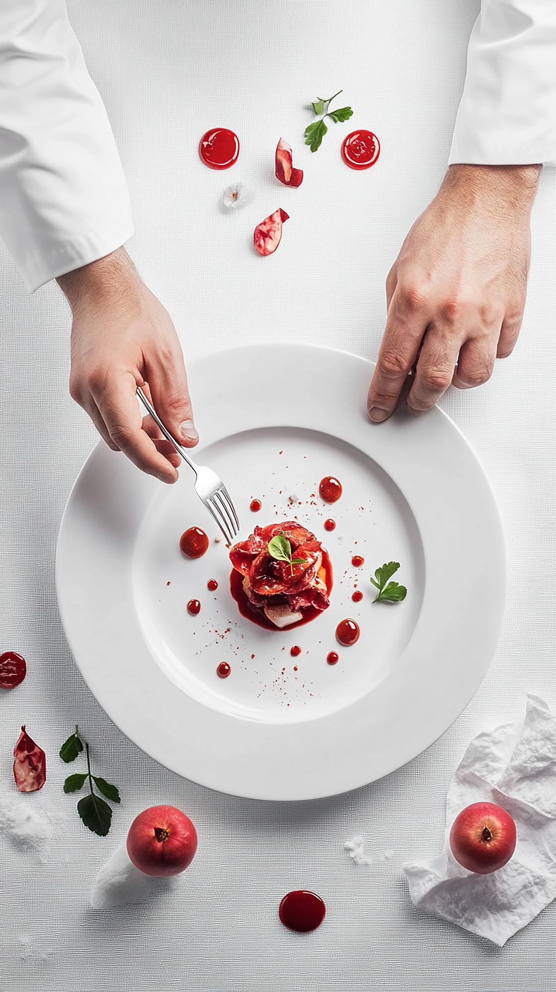 Chef in a futuristic studio kitchen, plating a dish